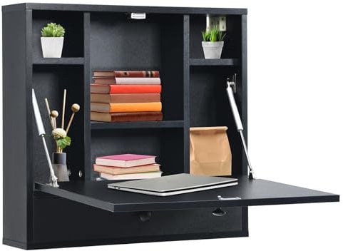 CASART Wall Mounted Computer Desk, 2-in-1 Drop-leaf Table Wall Cabinet with Storage Shelves & Drawer, Floating Laptop Desk Folding Table for Home Office Bedroom Kitchen (60x15x57cm, Black)