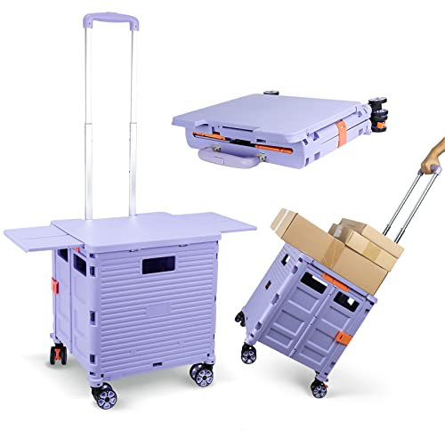 Folding Shopping Cart with Retractable Magnetic Table, Heavy Duty 55kg, Portable and Foldable Plastic Transporter, Adjustable Handle, 360° Rotating Wheels, Ideal for Camping, and Storage - Purple
