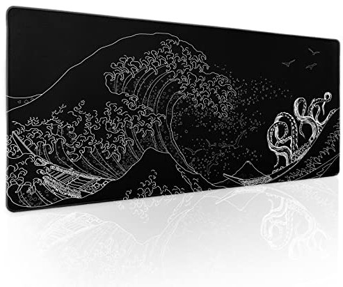 Black Japanese Aesthetic Gaming Mouse Pad XL Anime Wave Octopus Tentacle Extended Big Large Desk Mat Non-Slip Rubber Base Stitched Edge Long Keyboard Mousepad for PC Computer Laptop,31.5×11.8 in
