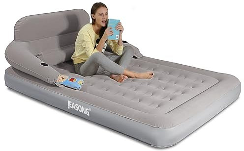 JEASONG Air Mattress with Headboard, Fast Inflation/Deflation Inflatable Airbed, 9 Inches High Blow Up Bed with Comfortable Flocked Top for Home Guest Travel Camping (GREY)