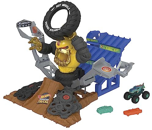 Hot Wheels Monster Trucks Arena Smashers Mega Age 4+-Wrex vs. Crushzilla Takedown with 1:64 Scale Mega-Wrex Toy Truck and 2 Crushable Cars, HPR47