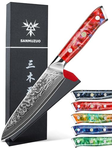 SANMUZUO Allzweckmesser Damastmesser 13 cm Klingenlänge - Japanisches Kochmesser - VG 10 Damaskus Stahl Küchenmesser mit Harzgriff - Xuan Serie(Sonnenuntergang Rot)