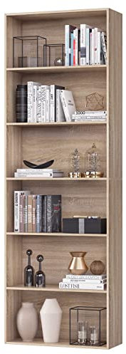 FirFurd Bookcase 6 Tiers Bookshelf Oak Tall Display Shelf Freestanding Wooden Storage Unit for Living Room Bedroom Office 60x23.5x180cm