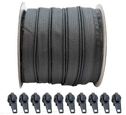Rotolo da 25 Metri di Cerniera Continua in Nylon + 10 Cursori Automatici in Metallo 5#, Cerniera per Cucire Vestiti, Cerniere, Cerniera al Metro, (grafite 311, 25 metri+10 C)