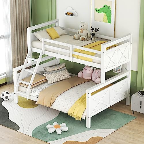 Holzbett,Etagenbett mit Leiter und Sicherheitsgeländer, umbaubar in 2 getrennte Betten, Doppelbett,Einzel für Kinder, Jugendliche und Erwachsene (Weiß)