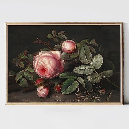 Vintage Pfingstrose Wandkunst Vintage Rose Leinwand Gothic Blumendruck Dunkle Akademie Gemälde Retro Blumenbilder Gothic Pflanze Poster Dunkle Akademie Kunstwerk Dunkle Blumen Wandkunst Dekor 40,6 x