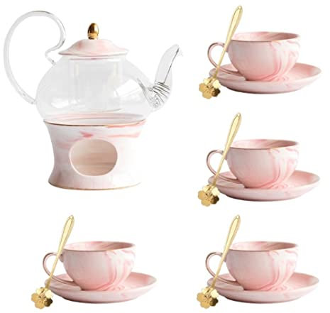 UTOQIA Teeservice Nordisches Luxus-Keramik-Teeset Nachmittagstee-Set Porzellankerze Heizung Glas Teekanne Tassen Untertasse Becherhalter Kit Teekanne Set Tee Service (Color : Roze, Size : 13pcs)