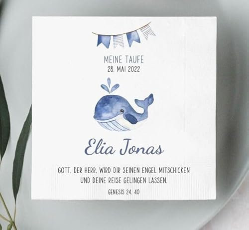 Servietten personalisiert Meine Taufe MIT WAL-Fisch Taufservietten in weiß & blau Tisch-Deko Taufe Bedruckt mit Namen, Taufdatum & Taufspruch geeignet für Mädchen & Jungen 60 Stück