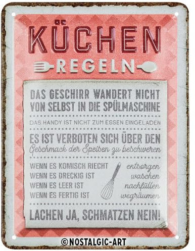 Nostalgic-Art Retro Blechschild, 15 x 20 cm, Küchen-Regeln – Geschenk-Idee für die Küche, aus Metall, Vintage Design mit Spruch, Blechschilder Sprüche