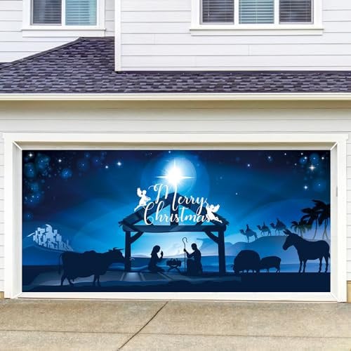 Garage Door Banner, 13x6.07 Feet Nativity Scene Background Banner with Rope, Merry Christmas Decorations Door Cover/Murals for Garage Outdoor Yard Background Decoration Supplies (Blue)