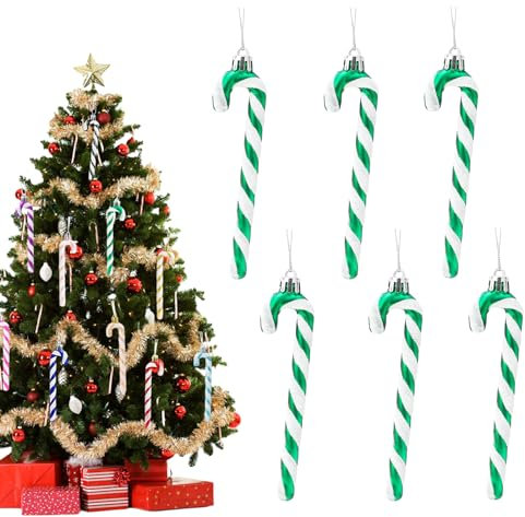 13cm Green White Christmas Candy Cane Decorations - 6pcs Glitter Xmas Tree Pendant Hanging Ornaments - Plastic Holiday New Year Party Decor
