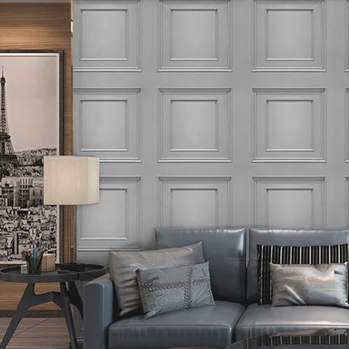 Camiraft 3D Effect Panel Wallpaper Wood Panelling Wall Panelling Grey Textured Retro Embossed Tartan Wallpaper Neutral Art Deco for Living Room Feature Wall Bedroom Ceilings