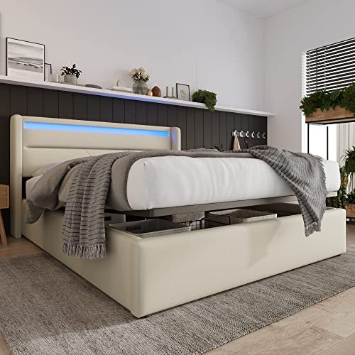Kayan Polsterbett 160x200cm, Hydraulisch Doppelbett mit Lattenrost und LED Kopfteil, Stauraumbett Funktionsbetten Rückenlehne Bettgestell, Lattenrost aus Holz, Ohne Matratze (Weiß, 160x200cm)