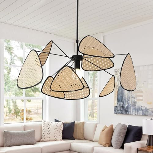 HvKvHvY Suspension Boho, lustre en rotin, 10 feuilles de ferme tissées à la main, luminaire suspendu rétro au plafond, lustre suspendu pour salon, chambre à coucher, salle à manger, cuisine