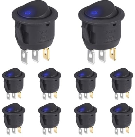 VEXUNGA Interrupteur a Bascule Rond Voyant Lumineux LED Bleu 6A 250V AC 10A 125V Interrupteurs à bascule 3Broches 2Positions Marche/Arrêt Noir Autobloquant pour Voiture Camion Bateau (10 Pièces)