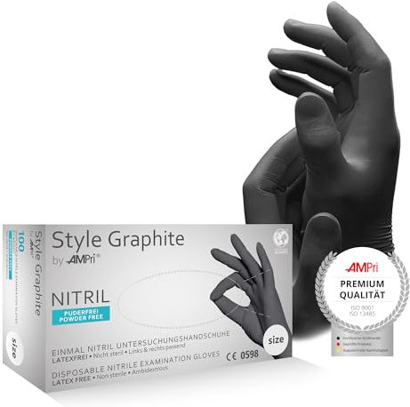 AMPRI Nitrilhandschuhe, anthrazit, graphit, 100 Stück/Box, Größe M, puderfrei, Style Graphite by Med-Comfort: Nitril Einmalhandschuhe, Einweghandschuhe in den Größen XS, S, M, L, XL