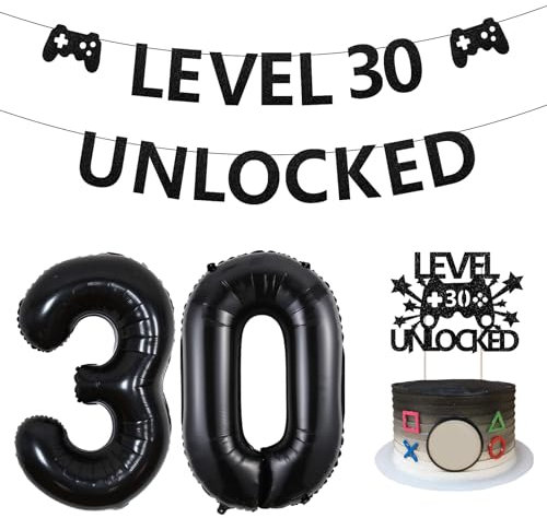 Sursurprise Level 30 Unlocked Birthday Decorations, 30th Birthday (Gamer) Party Pack with Cake Topper, Banner, Balloons, Ribbons in Black