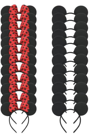24 Pack Mouse Costume Deluxe Fabric Ears Headband Birthday Hairs Accessories Baby Shower Headwear (Red With Black Dot)