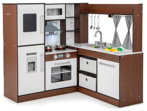 COSTWAY Cocina de Juguete de Esquina, Cocinita de Madera Infantil con Luces y Sonidos, Sistema de Circulación de Agua, Cortinas Enrollables y Contenedores de Tela Plegables y Accesorios