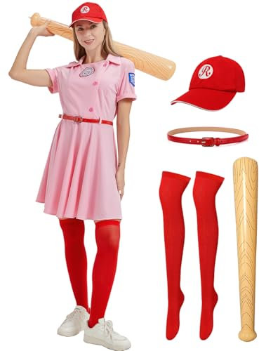 KUKIKUKI Baseball Kostüm Frauen Baseball Kleid Uniform mit Baseballmütze für Halloween (Rosa, L)