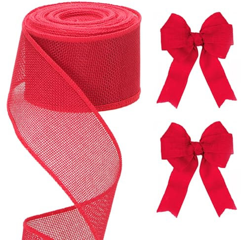G2PLUS Rot Weihnachten Juteband mit Draht, 6CM Breit Geschenkband zum Basteln, 10M Kariertes Sackleinen Band, Weihnacht Dekoband Verdrahtet für Geschenk, Weihnachtskranz, Weihnachtsbaum