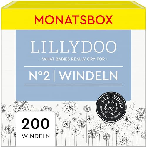 LILLYDOO hautfreundliche Baby Windeln - Größe 2 (4-8 kg),Monatsbox (200 Stück), Sicherer Auslaufschutz, Weich, Ohne Parfüme & Lotionen für empfindliche Haut, Dermatologisch getestet