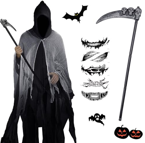 HUIKUANGEU Sensenmann Kostüm,Sensenmann Kostüm Herren,Halloween Kostüm Sensenmann,Halloween Sensenmann Kostüm,Halloween Sensenmann Herren,Geister Kit,Herren Sensenmann Halloween Kostüm