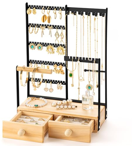 Schmuck-Organizer mit 145 Löchern für Ohrringhalter, 5-stöckiger Schmuckständer mit 2 Samtringhaltern, Schmuck-Organizer mit 11 Haken, Halskettenhalter und Halterung, Schwarz