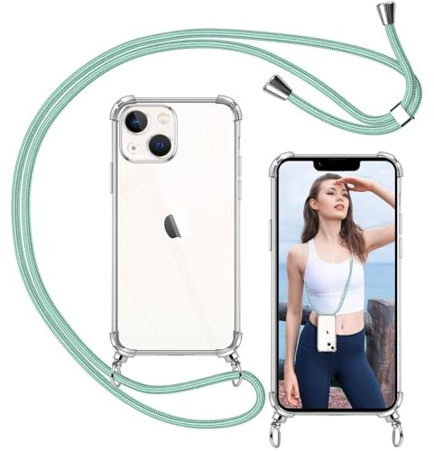 ISOI-Coque Cordon Compatible avec iPhone 13 Mini, Collier Réglable Téléphone Portable Lanyard Case, Ètuis à Bandoulière Transparente en Silicone TPU Souple avec Airbag Antichoc-Vert