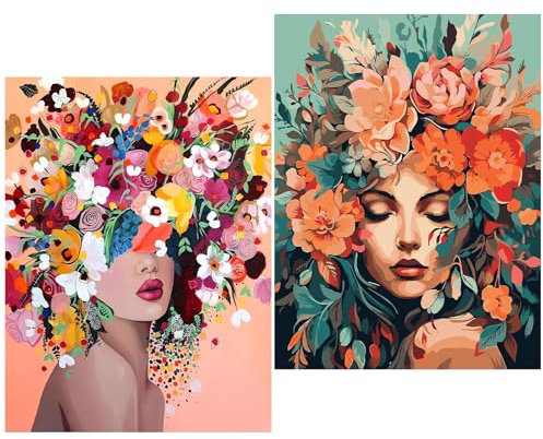Pujeknm 2 Stück Malen Nach Zahlen Erwachsene-DIY Handgemalt Ölgemälde Kit für Anfänger, Mit 6-Pinseln und Acrylfarbe Handgemalt öLgemäLde Kit Als Geschenk 30x40cm (Rahmenlos) (Blumen Mädchen)