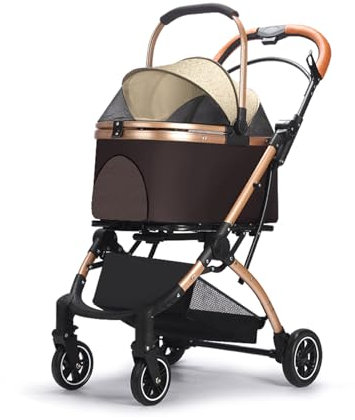 Gimars Upgrade 4 in 1 Katzenwagen & Hundewagen Bis 20kg Klappbar,360° Gummireifen Katzen Wagen Mit Hinterradbremse, Hundebuggy Mit Regenschutz Einziehbare Zugstange Für Kleine Hunde Katze Khaki