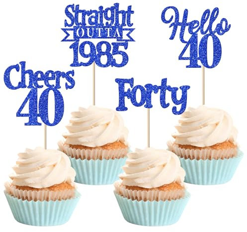24 Stück Straight Outta 1985 Geburtstag Tortendeko Glitzer Hello 40 Forty Cupcake Toppers für Prost auf 40 Jahre Geburtstag Hochzeit Jahrestag Party Kuchen Dekoration Blau