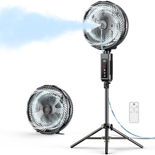20000mAh Portable Misting Fan, 12-Inch Pedestal & Tabletop Oscillating Fan, Outdoor Fans for Patios with Fans Misting Kit, Rechargeable Battery Operated Fann with Remote/Timer/7 Gear Winds/Strong Mist
