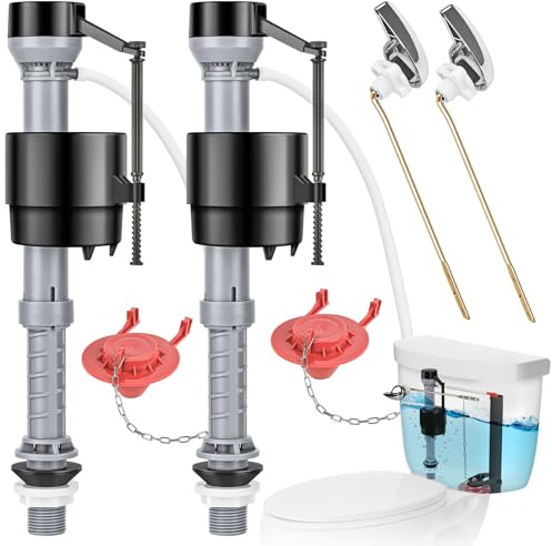 Teviora Universal Toilet Flush Replacement Kit, Water Saving & Height Adjustable Filling Valve, 2 Flap, Toilet Handle Lever, Quiet & Anti-Siphon Toilet Repair Kit Inner Tank (Red, 2-Pack)