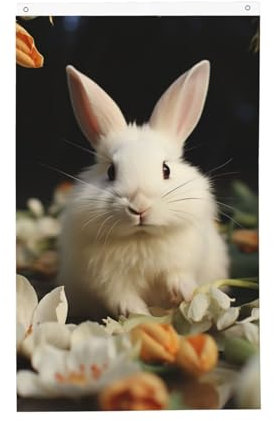 Weiße Hasen- und Lilien-Flagge, 90 x 152 cm, doppelseitig, lebendige Outdoor-Flaggen, Banner mit Messingösen, Willkommensdekoration, Fotohintergrund für Innenhof, Veranda, Rasen