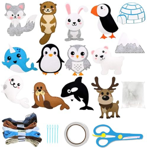 Cadimus Nähset Kinder,DIY Nähen Kinder Bastelset Filz,Nähset Filz Tiere Bastelset,Tierformen Kuscheltiere DIY Art Craft,Kreatives nähset für kinder(Polartiere)