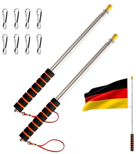 ToKinCen 2 Stück 3 m Haltbare Edelstahl Teleskop-Fahnenstange, Handheld mit festen Klammern, ausziehbarer Teleskopstange, für Camping, Reisen, Ausflüge, Wettbewerbe, auch für Lehrer und Reiseleiter