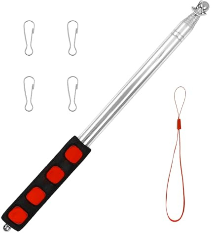 8.2ft Telescopic Handheld Flagpole - Stainless Steel Extendable Flag Stick, Portable Guide Flag Pole, Retractable Teaching Pointer, Flag Pole with Anti-Slip Grip Lanyard 4 Clips for Tourist (Red)