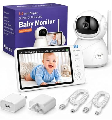 BURNNOVE Baby Monitor with Camera 5 720P Screen, No WiFi & Pan Tilt | 100H VOX Battery, Night Vision, Temperature Alerts, Two-way Audio, Lullabies and Up to 300m Secure Connection