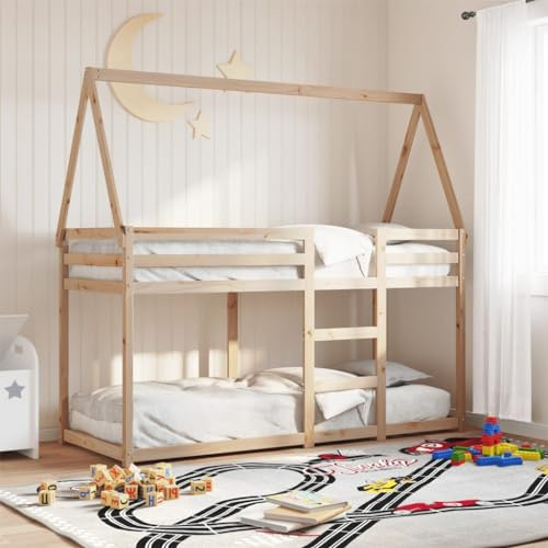 GeenYuu Etagenbett 90x200 cm aus massivem Kiefernholz, Hochbett mit Dach für Kinderzimmer, platzsparendes Design, Naturholz, ohne Matratze