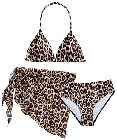 FEOYA Fille Maillots 3 Pièces De Plage Enfant Maillot De Bain Léopard D'Été Fille Bikini avec Jupe Triangle Léopard Brun 12 Ans