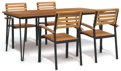 GeenYuu 5-TLG Garten-Essgruppe aus massivem Akazienholz mit Metallgestell 180x90 cm Gartentisch und 4 Stühle für Terrasse Balkon Outdoor wetterfest und pflegeleicht