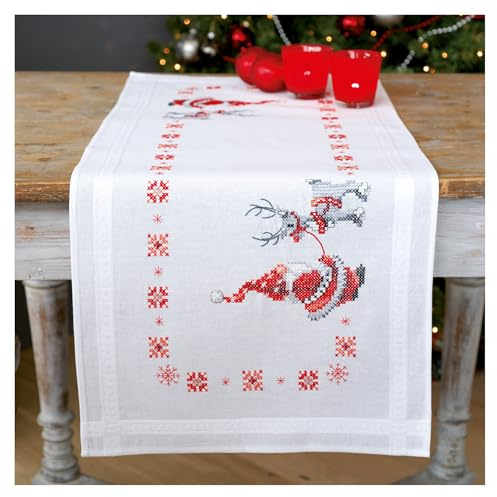 Vervaco Stickerei Weihnachten Stickerei Kits Kreuzstich Tischläufer DIY Set, Tischdecke zum Besticken mit Bild auf Baumwolle und Stickgarn, 16 x 40 Zoll, Weihnachtsmann & Hirsch