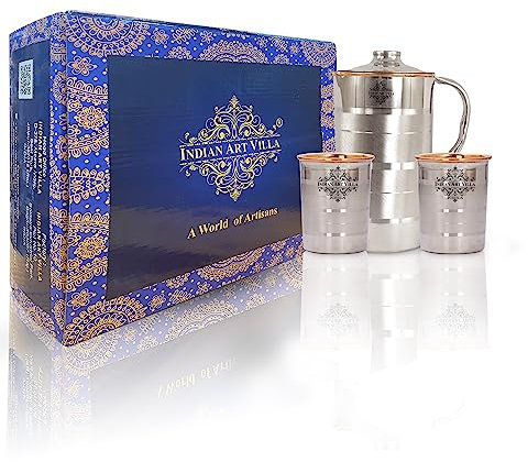 Indian Art Villa Cruche en acier et cuivre avec 2 verres, design de luxe, coffret cadeau de Noël, argenté et marron 51 OZ Argenté et marron.
