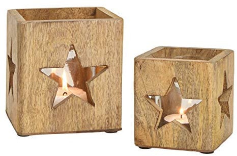 Spetebo Windlichthalter 2er Set aus Mango Holz - mit Glaseinsatz/im Stern Dekor - Holz Teelicht Halter Kerzenhalter