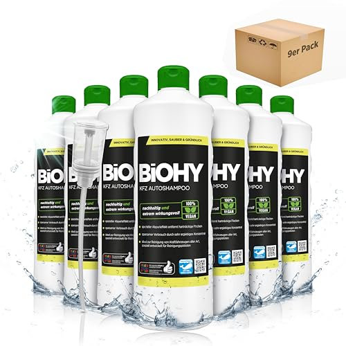 BiOHY KFZ Autoshampoo (9 x 1 Liter) + Dosierer | Bio Autoreiniger schützt Lack vor Schmutz von Außen | biologisch abbaubares Reinigungsmittel | für Hochdruckreiniger geeignet | kraftvolles Konzentrat