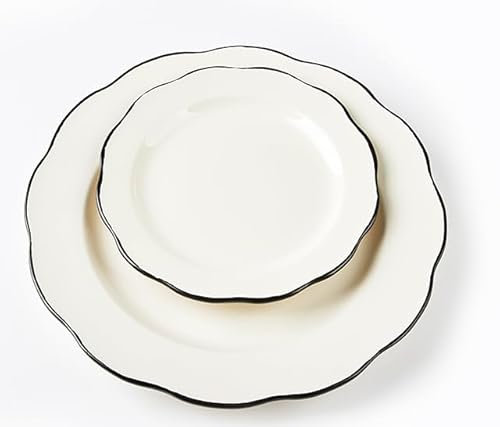 HomeVss Restaurant Value, gres porcellanato avorio smerlato bordo, avorio America bianco con piastra nera 7 3/8, confezione da 36