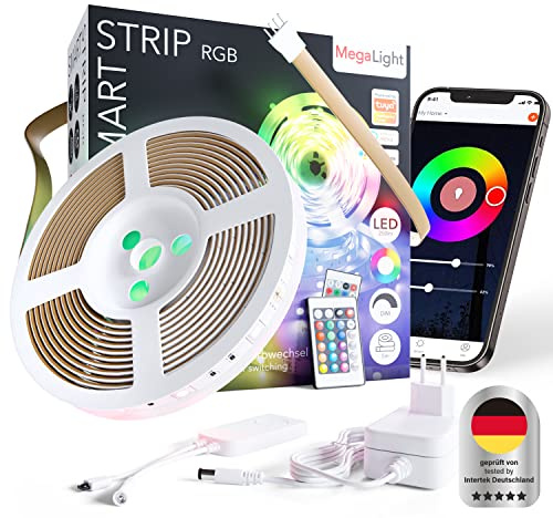 MegaLight RGB LED Strip 5m mit APP, Google & Alexa Sprachsteuerung | LED Lichterkette Musik Synchro, Szenen, Timer | LED Streifen, selbstklebend | LED lights Küche, Haus & Party
