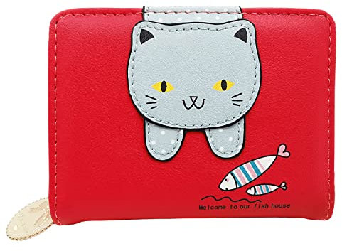 Spldsun Mini Portefeuille Mignon, Bande Dessinée de Chat Fille Porte-Monnaie, Porte-Monnaie en Cuir avec Fermeture ÉClair, Cadeaux Mignons pour Les Filles(Rose Rouge)