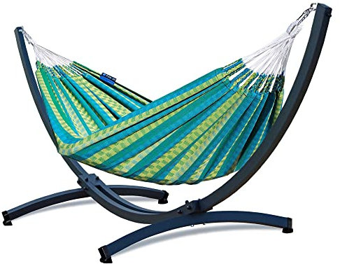 Potenza Outdoor Hängematte mit Tytan Gestell für 2 Personen I 100% Baumwolle Morena Doppelhängematte 230x160 cm, 220kg I Hängemattengestell 350kg, wetterfest (Verzinktes Gestell Graphit, Grün)
